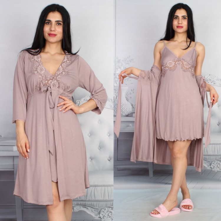 Женский домашний комплект сорочка+халат 7507 brown, Mariposa