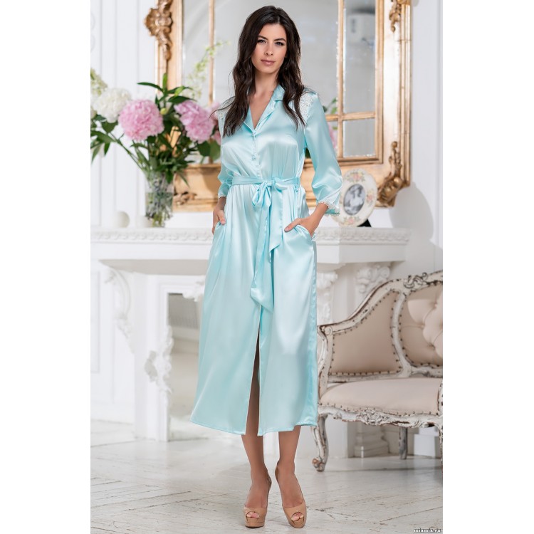 Длинный шелковый халат женский 3689 azure, Mia-Amore