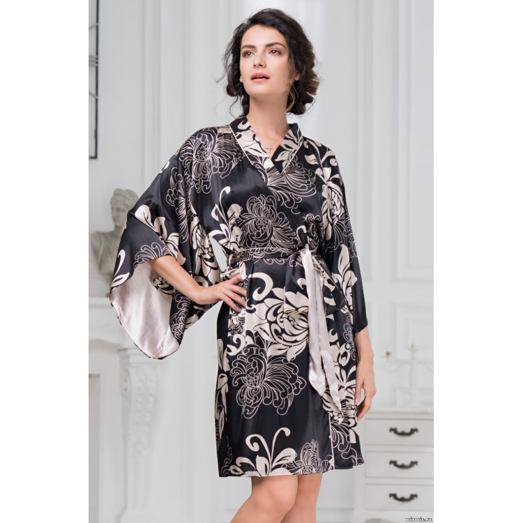 Женский атласный халат-кимоно 8444-black, Mia-Amore
