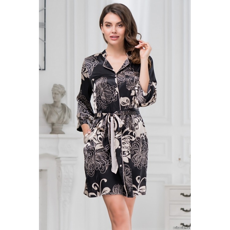 Женский атласный халат-рубашка 8447-black, Mia-Amore