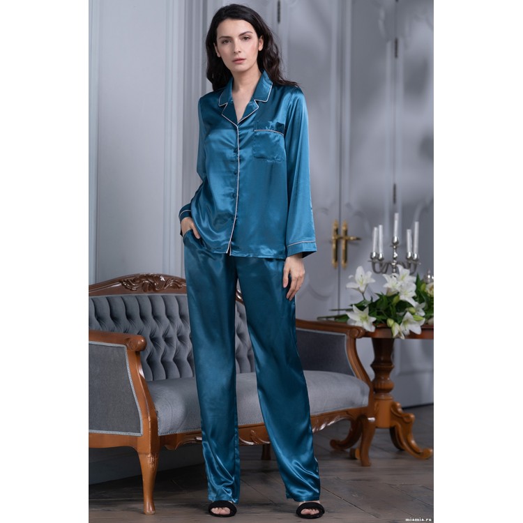 Атласная женская пижама тройка с брюками 8735 sapfir, Mia Amore