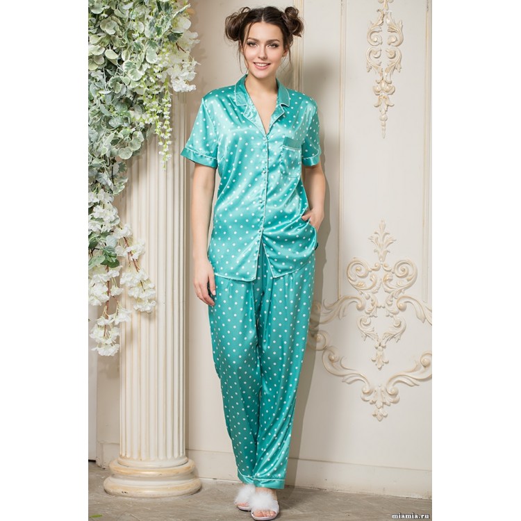 Женская атласная пижама с брюками 8026-green, Mia-Amore