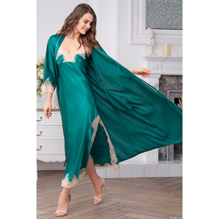 Длинный шелковый халат 3449-emerald, Mia-Amore
