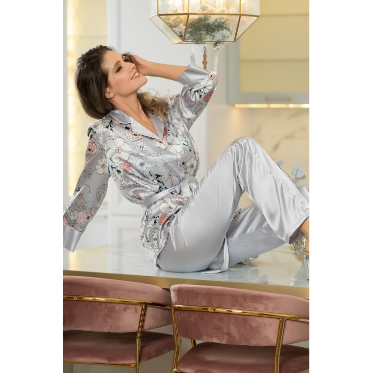 Домашний женский атласный комплект с брюками 7146 серебристый, Mia-Amore