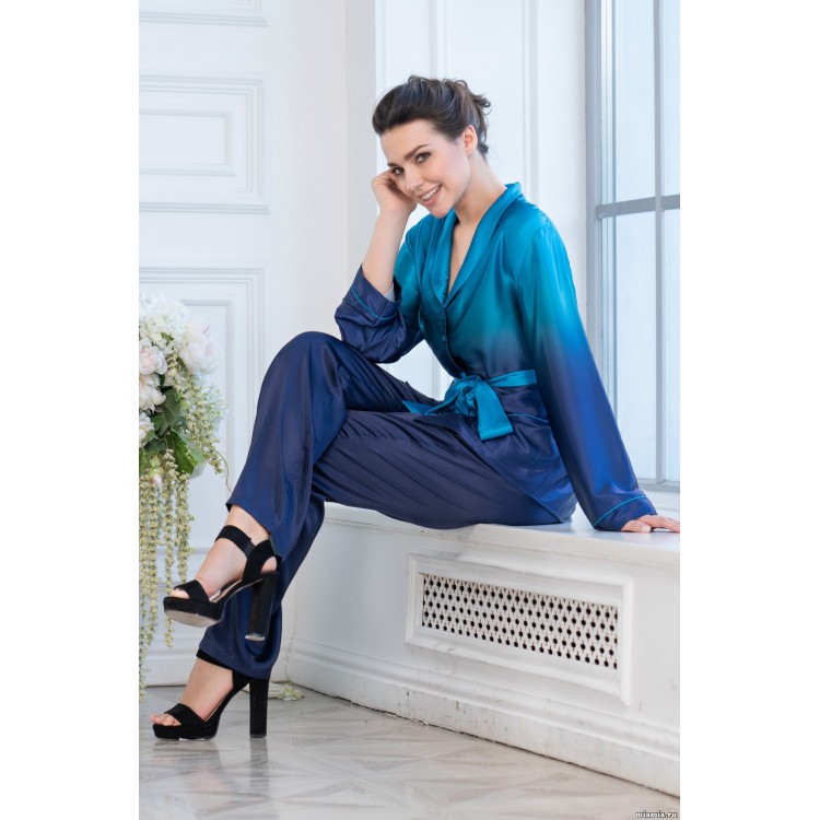 Женская шелковая пижама с брюками 3396-azure/blue, Mia-Amore