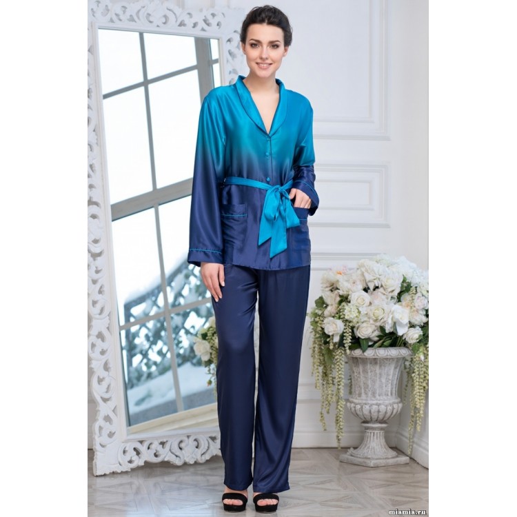 Женская шелковая пижама с брюками 3396-azure/blue, Mia-Amore