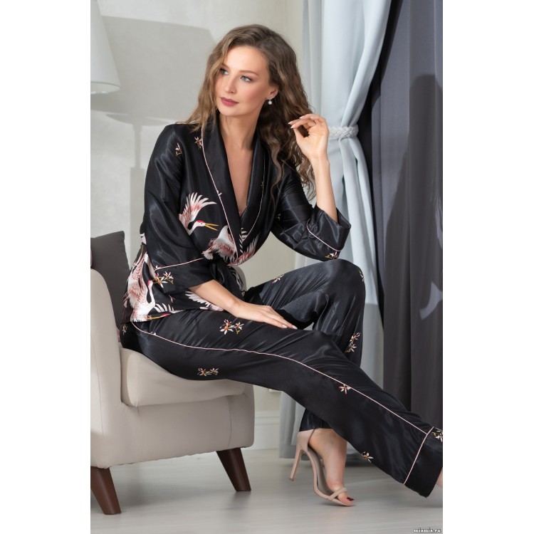 Женский атласный домашний комплект с брюками 8786 black, Mia-Amore