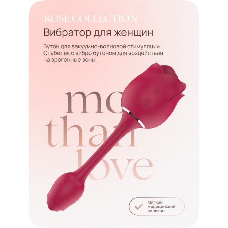 Вибратор Aibu 2-в-1: вакуумно-волновая стимуляция и классическая вибрация, роза со стебельком, цвет красный