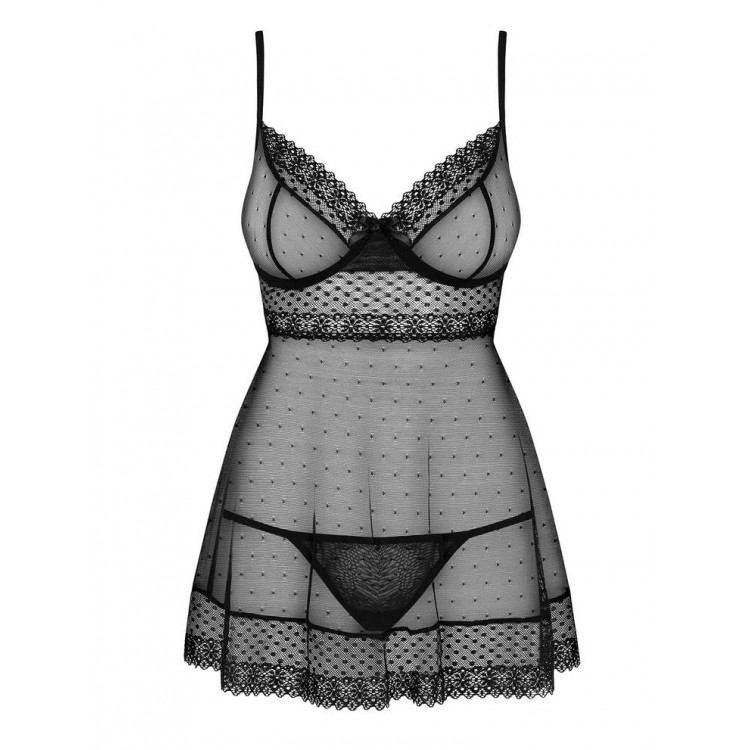 Черный эротический комплект сорочка+стринги 817 BABYDOLL, Obsessive