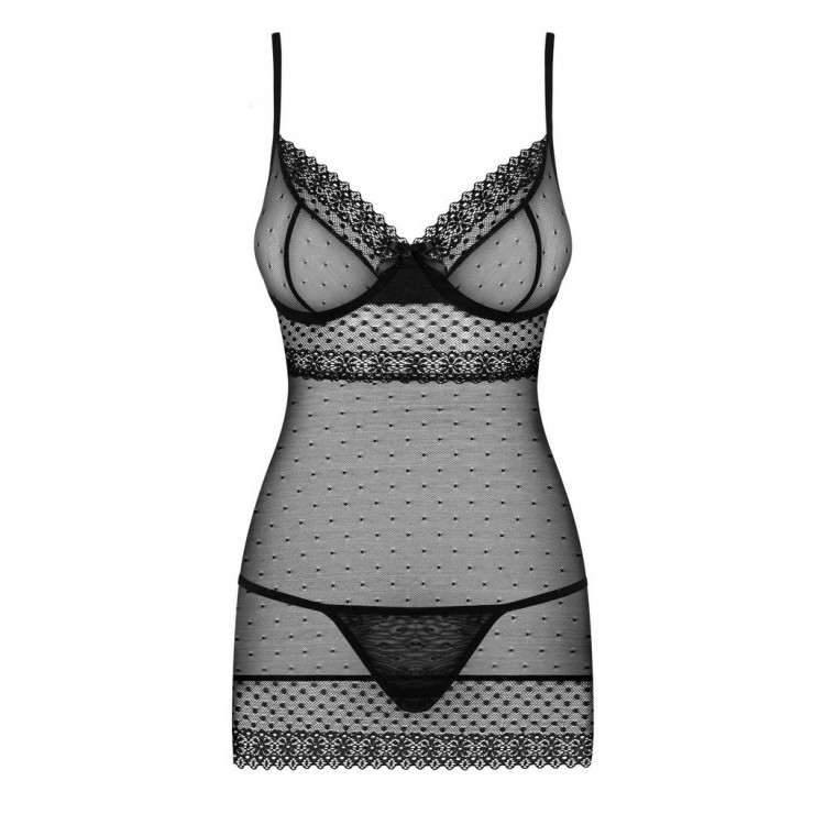 Черный эротический комплект сорочка+стринги 817 CHEMISE, Obsessive
