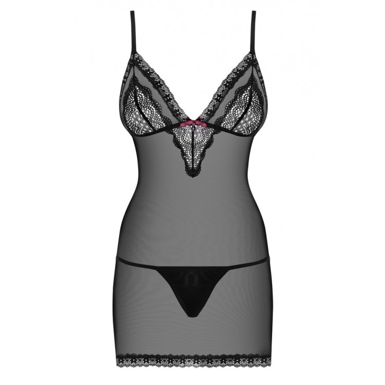 Черный эротический комплект сорочка+стринги 820 CHEMISE, Obsessive