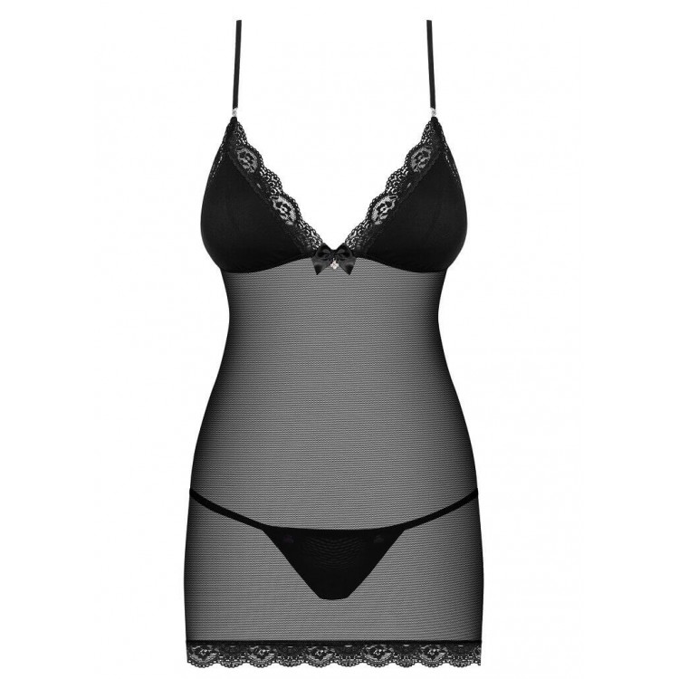 Черный эротический комплект сорочка+стринги 841 CHEMISE, Obsessive