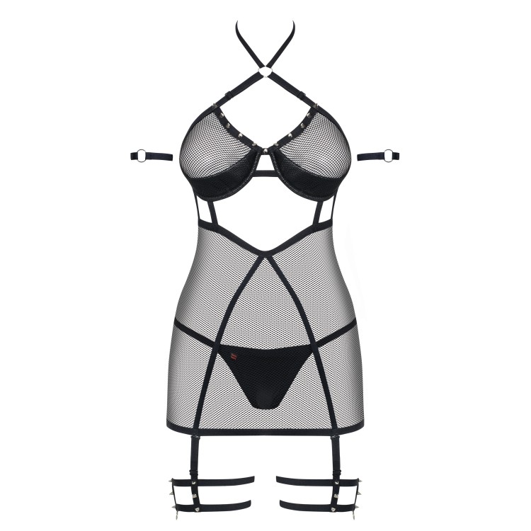 Черный эротический комплект сорочка+стринги 858 chemise, Obsessive