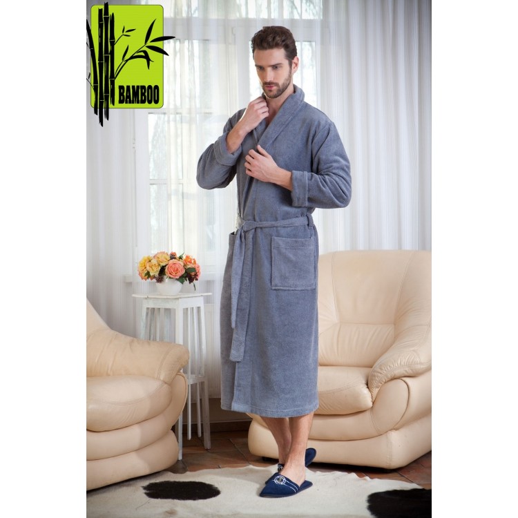 Мужской синий махровый халат из бамбука 908grey NATUREL, Peche Monnaie 