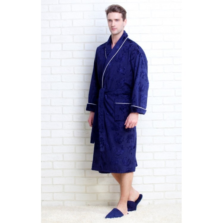 Синий махровый халат + тапочки 923 blue STRONG MAN, Peche Monnaie 