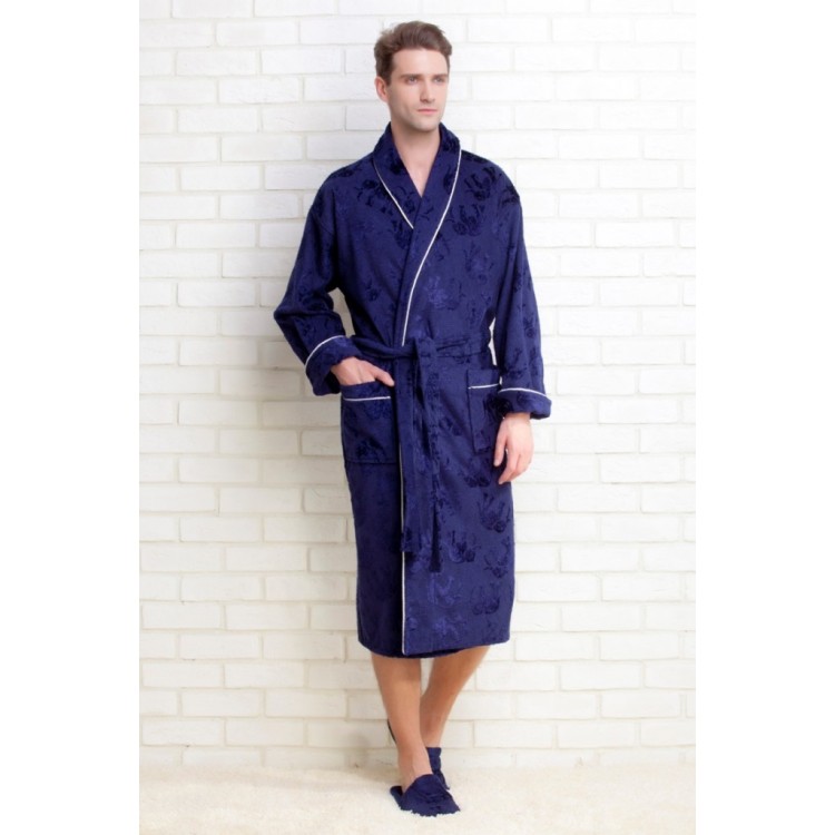 Синий махровый халат + тапочки 923 blue STRONG MAN, Peche Monnaie 