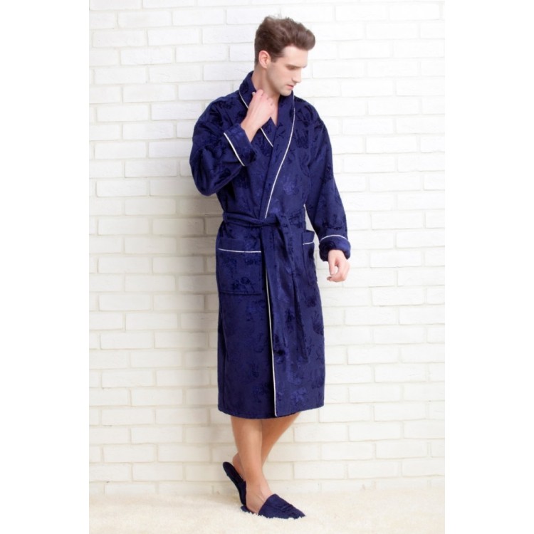 Синий махровый халат + тапочки 923 blue STRONG MAN, Peche Monnaie 