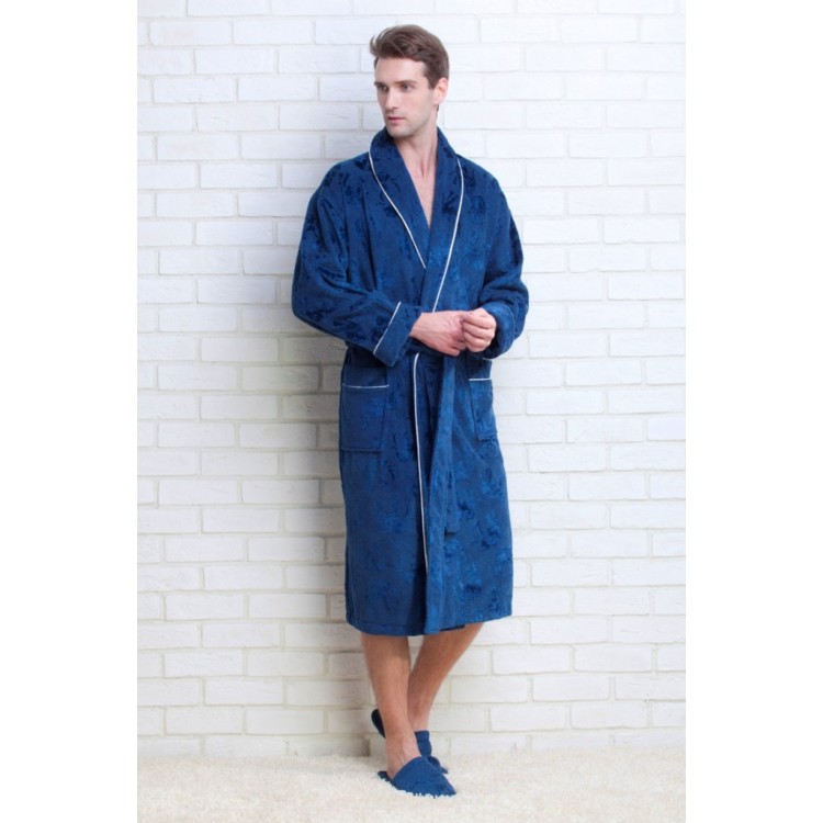 Синий махровый халат + тапочки 923 marine STRONG MAN, Peche Monnaie 