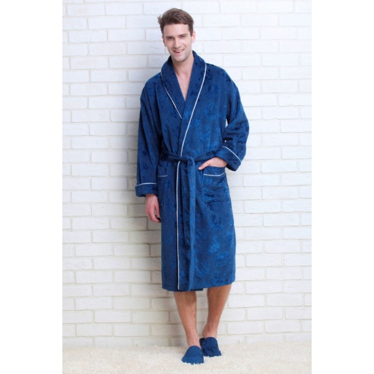 Синий махровый халат + тапочки 923 marine STRONG MAN, Peche Monnaie 