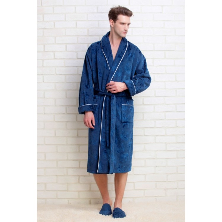 Синий махровый халат + тапочки 923 marine STRONG MAN, Peche Monnaie 