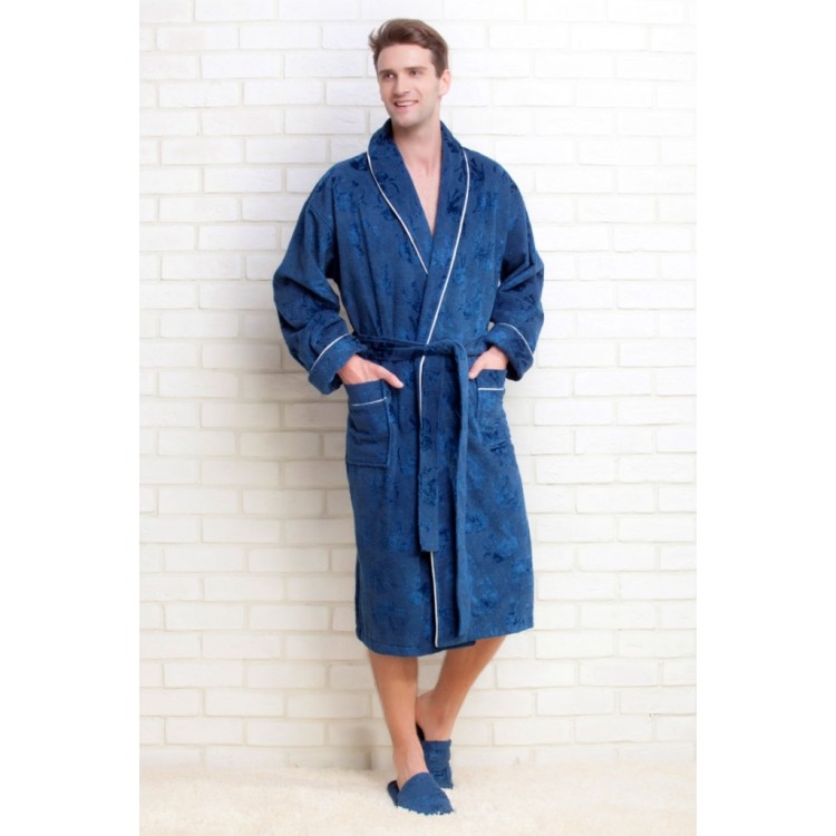 Синий махровый халат + тапочки 923 marine STRONG MAN, Peche Monnaie 