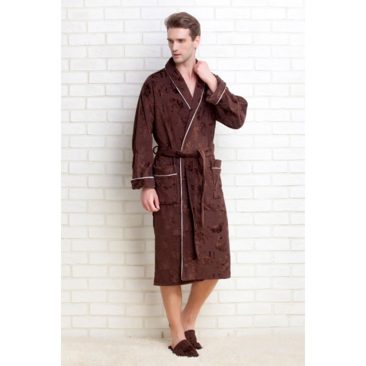 Коричневый махровый халат + тапочки 923 chocolate  STRONG MAN, Peche Monnaie 