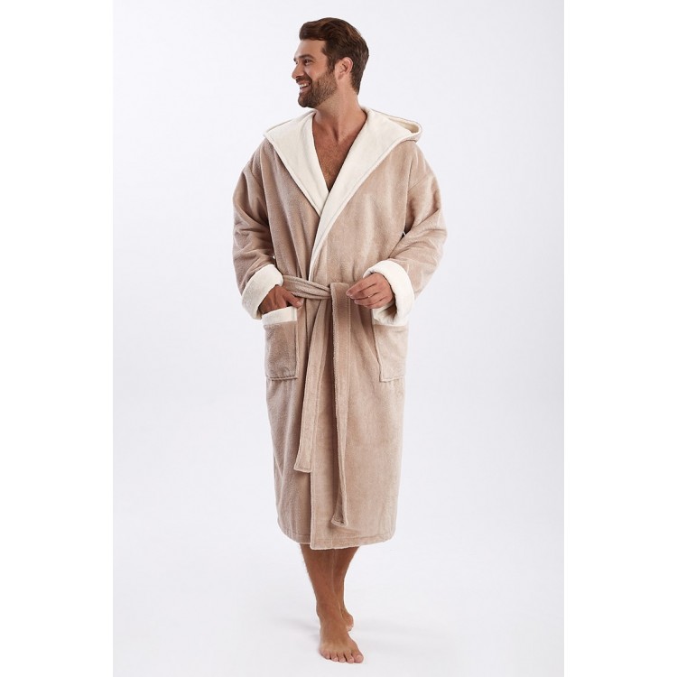 Халат мужской бамбуковый с капюшоном 929 Zeus бежевый, PECHE MONNAIE