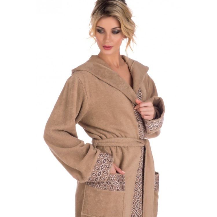 Женский махровый халат с капюшоном 914 beige La Reine, Peche Monnaie 