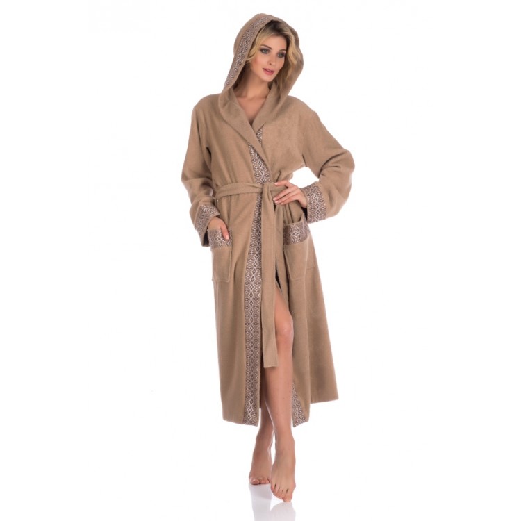 Женский махровый халат с капюшоном 914 beige La Reine, Peche Monnaie 