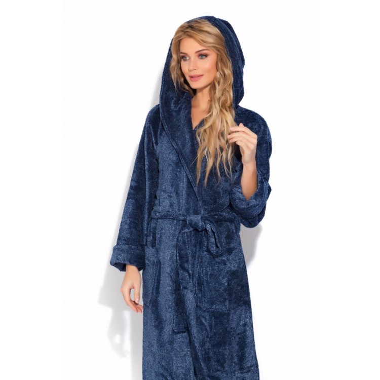 Длинный женский махровый халат с капюшоном Le Charme 927melange blue, PECHE MONNAIE Длинный женский махровый халат с капюшоном Le Charme 927melange blue, PECHE MONNAIE