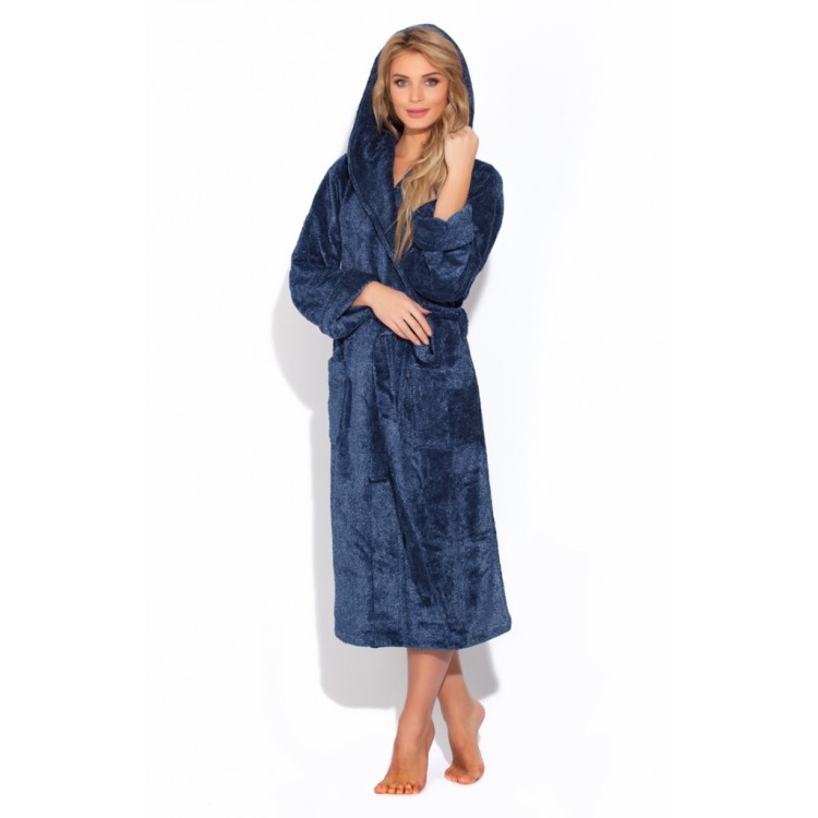 Длинный женский махровый халат с капюшоном Le Charme 927melange blue, PECHE MONNAIE