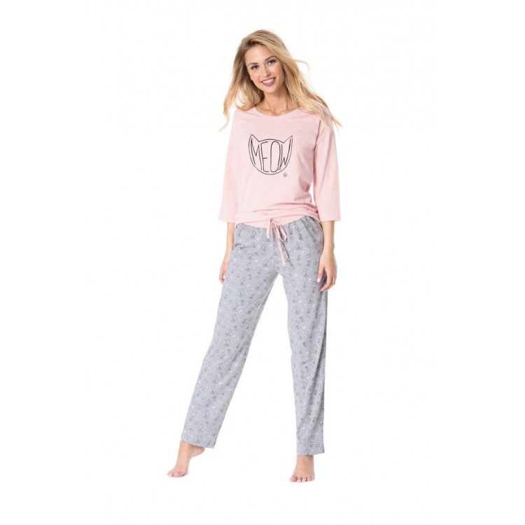 Пижама женская из хлопка с брюками PY-1067 pink/gray, ROSSLI