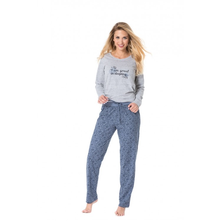 Пижама женская из хлопка с брюками PY-1075 gray/blue, ROSSLI
