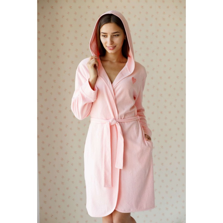 Женский махровый халат с капюшоном 5115-light salmon, Trikozza