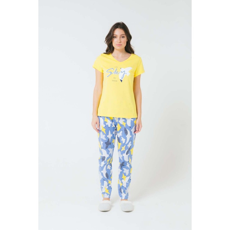 Хлопковая пижама женская с брюками Е2284/МЧ yellow, Trikozza
