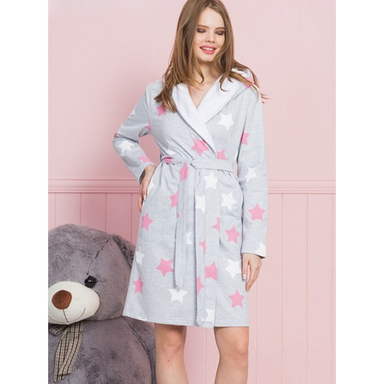 Халат женский с капюшоном 003055 2315 grey/pink