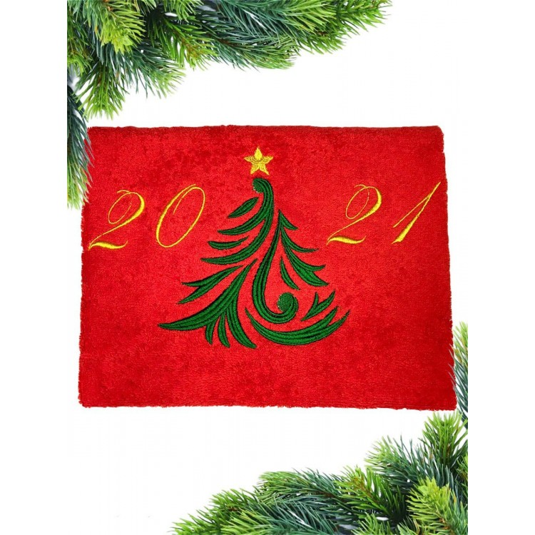 Красное новогоднее полотенце Год Быка - Елочки 2021