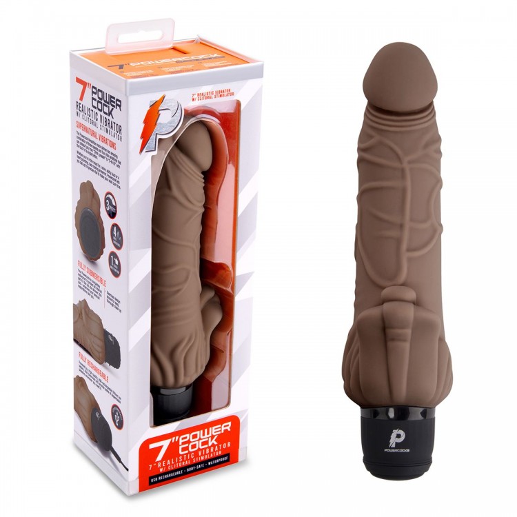 Коричневый вибратор с клиторальным выступом 7 Realistic Vibrator - 21,5 см.