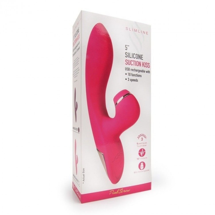 Розовый вибратор-кролик с вакуумной стимуляцией 5’’ Silicone Suction Kiss - 20,3 см.