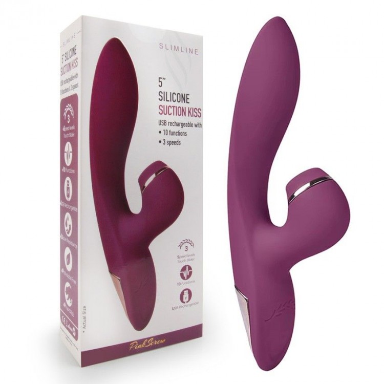 Сливовый вибратор-кролик с вакуумной стимуляцией 5’’ Silicone Suction Kiss - 20,3 см.