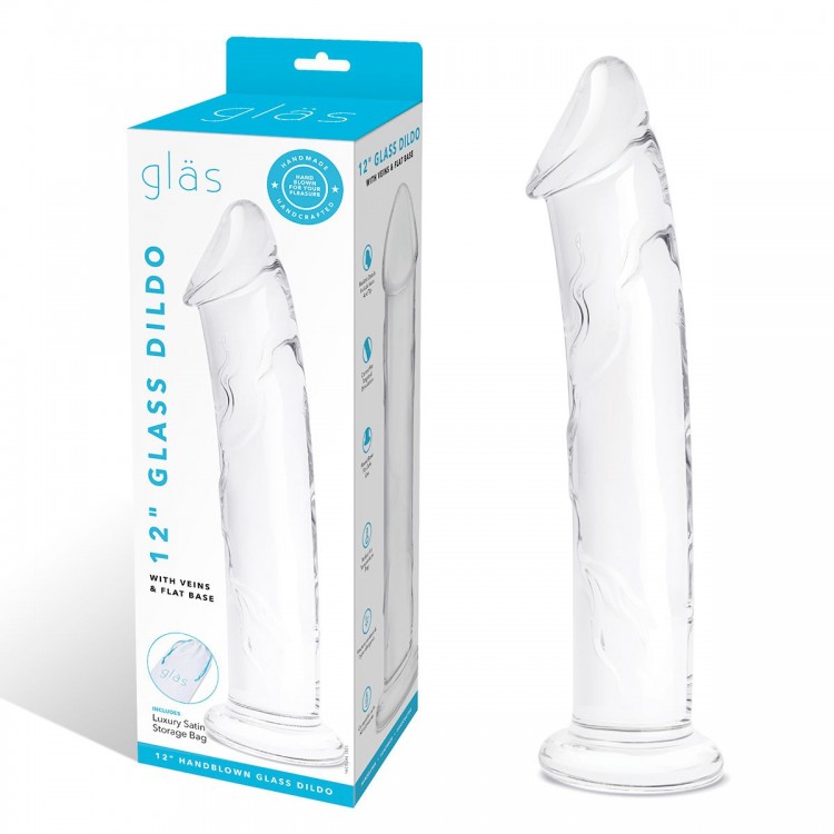 Большой стеклянный стимулятор 12’’ Glass Dildo With Veins & Flat Base - 28 см.