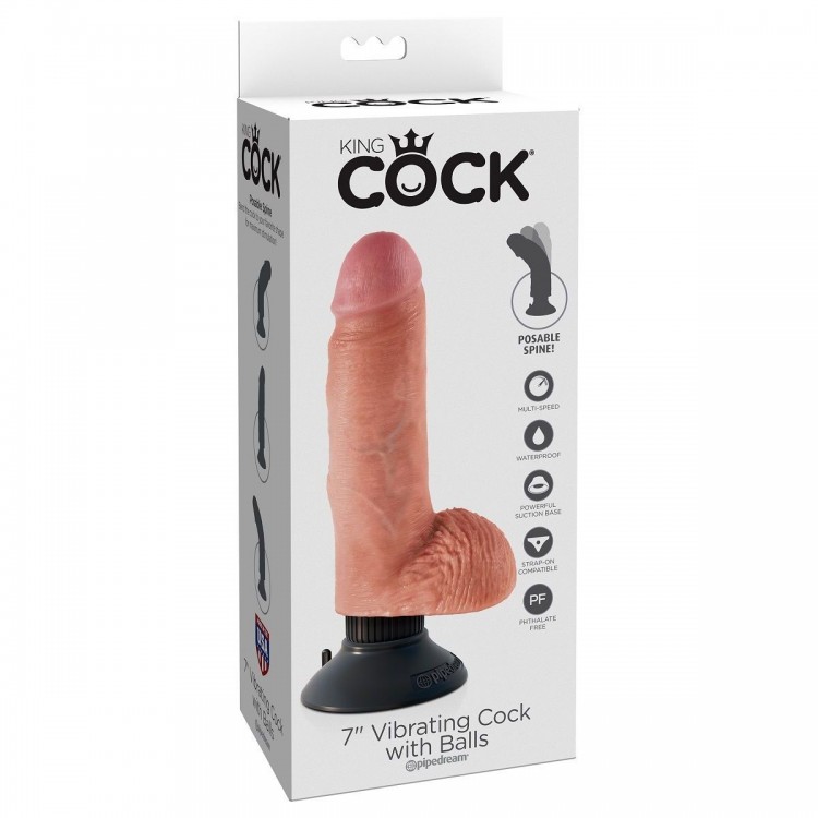 Телесный вибратор с мошонкой и съемной присоской 7 Vibrating Cock with Balls - 17,8 см.