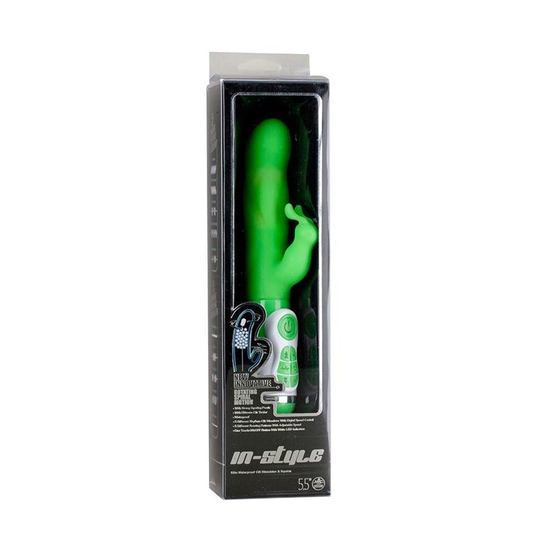 Зеленый вибратор с клиторальным стимулятором INSTYLE DUO VIBRATOR 5.5INCH - 14 см.