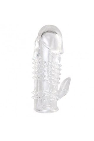Прозрачная гелевая насадка с шипами и клиторальным отростком - 13 см.