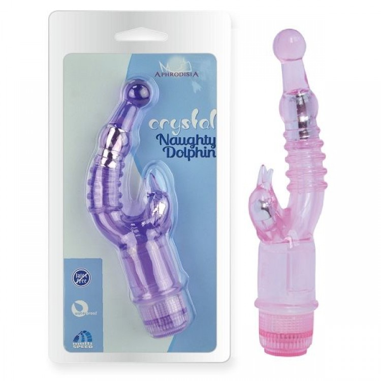 Розовый вибратор с клиторальным стимулятором Crystal Naughty Dolphin
