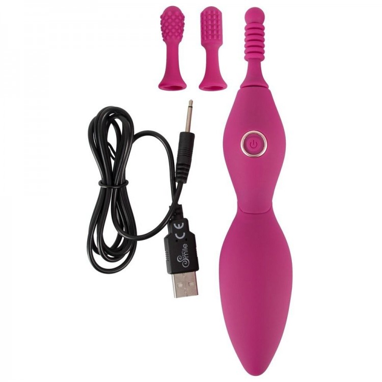 Ярко-розовый клиторальный вибратор с 3 насадками Spot Vibrator with 3 Tips - 17,9 см.