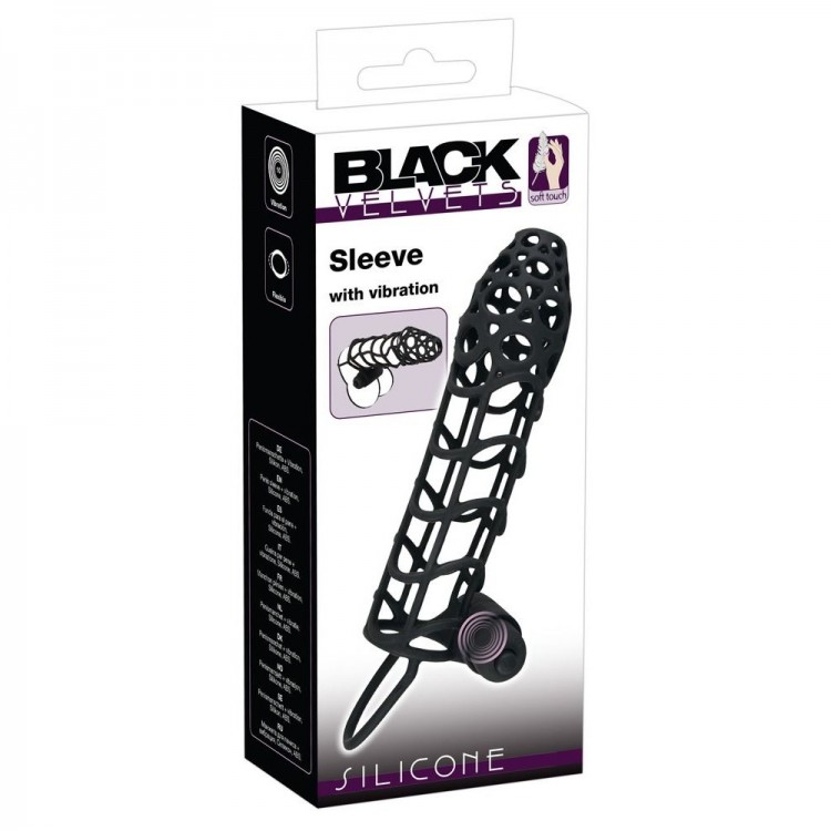 Чёрная закрытая насадка-сетка на пенис с вибрацией Black Velvet - 14 см.