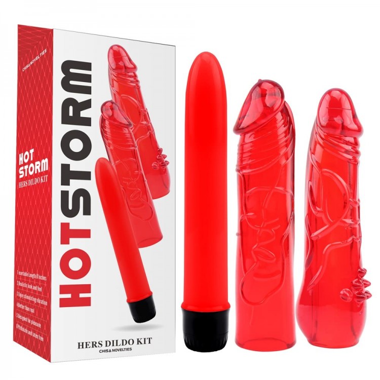 Красный классический вибратор с 2 сменными насадками Hers Dildo Kit