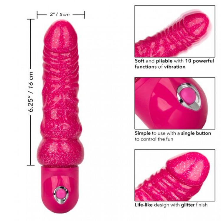 Розовый вибратор-реалистик с блестками Naughty Bits Lady Boner Bendable Personal Vibrator - 20 см.