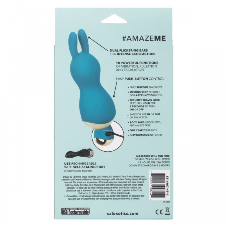 Бирюзовый мини-вибромассажер #AmazeMe с ушками - 10,75 см.